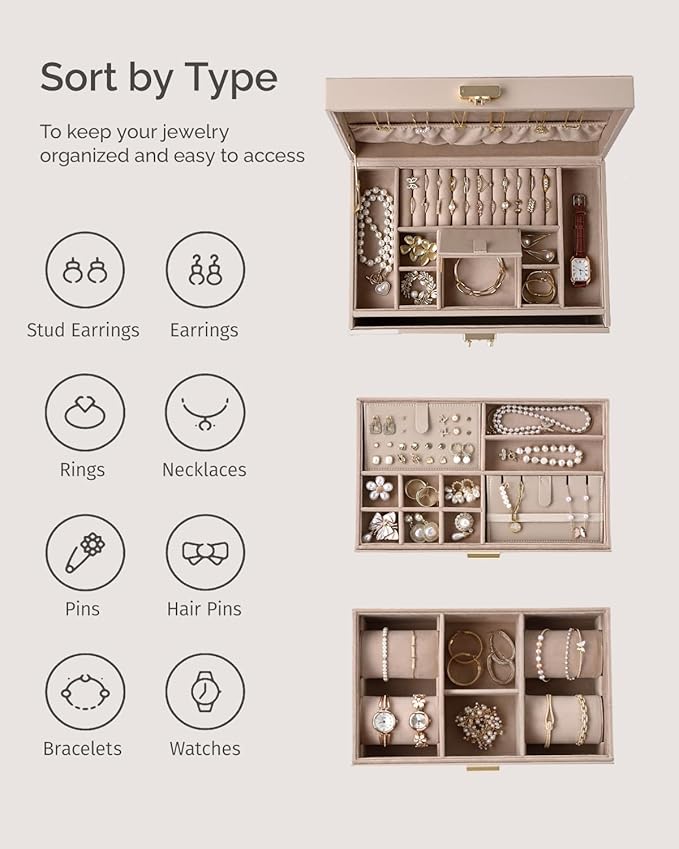 3-Tier Jewelry Box, Jewelry Organizer Box with 2 Drawers, Large Storage Capacity for Necklace Bracelets Earrings Rings, Lockable, Christmas Gift for Women, Light Taupe