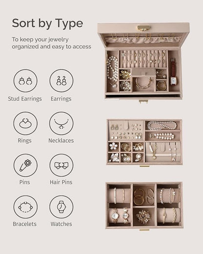 3-Tier Jewelry Box, Jewelry Organizer Box with 2 Drawers, Large Storage Capacity for Necklace Bracelets Earrings Rings, Lockable, Christmas Gift for Women, Light Taupe