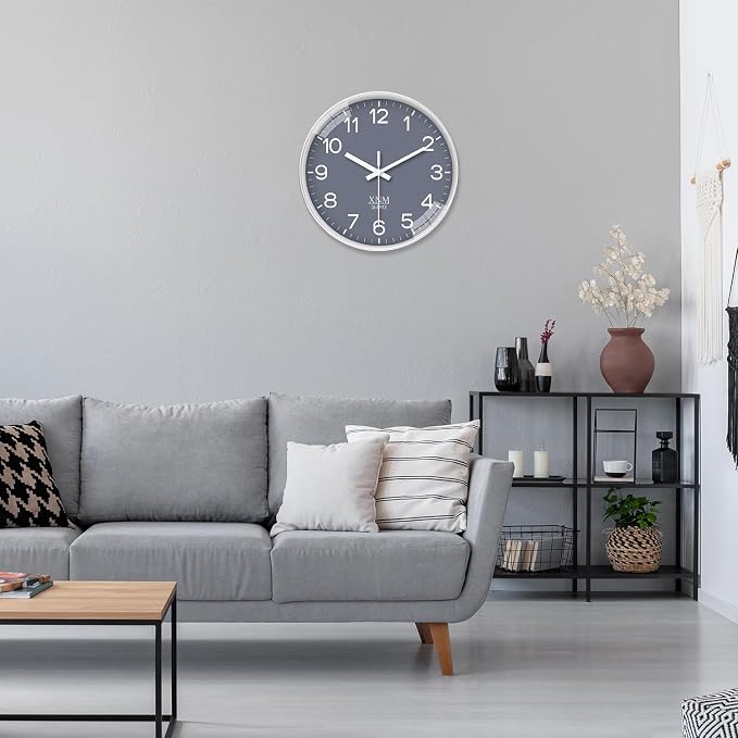 XNM Minimalist Wall Clocks Battery Operated Grey Analog Wall Clock for Bedroom 10 Inch Round Small Wall Clock Silent Non Ticking