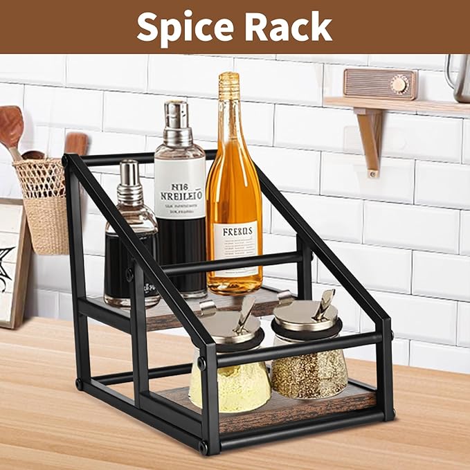 YQBRAO Coffee Syrup Rack Organizer,Liquor Bottle Display Shelf,2-Tier 4 Bottle Stand for Coffee Bar, Kitchen Station, Liquor, Wine, Dressing,Rustic Brown