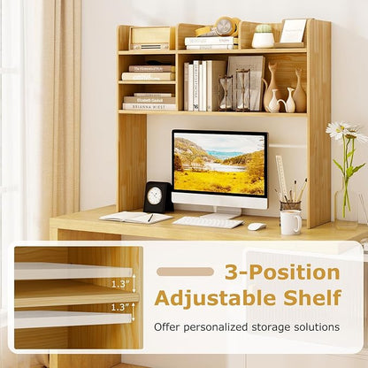 Desk Hutch, Desktop Shelf with 6 Shelves, Desk Bookshelf w/Anti-Toppling Devices, Wood Table Top Bookshelf Organizer, Small Desk Shelf for Study, Office, Dorm (Burlywood, 6 Shelves)