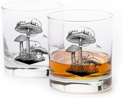 Black Lantern Forager Whiskey Glass Set Set of 2 11oz Old Fashioned Tumblers with Mushroom & Forest Campsite Design | Gift Box Included