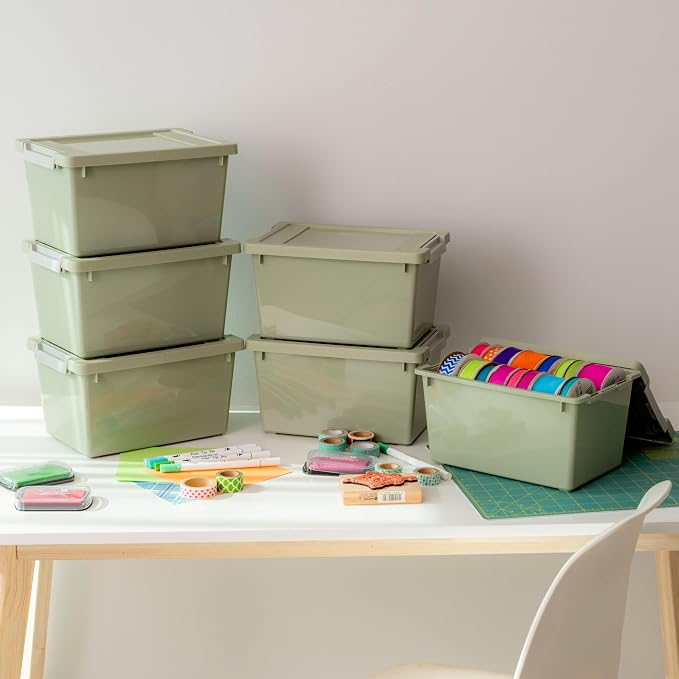 IRIS USA 4 Qt. Craft Storage Bins with Lids, 6-Pack, |Made in USA|, Clip Box, Small Plastic Sensory Bin Tote Organizer Containers for Art Supplies, Paper, & Office, Stackable - Sage Green