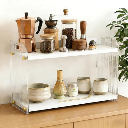 2 Tier Coffee Station Organizer - Acrylic & Pine Wood coffee bar shelf, Easy-to-Clean matcha station for Kitchen Countertops, for Placing Mugs, Coffee Beans, Syrup etc.(15.75" x6.18" x 9.37") - White