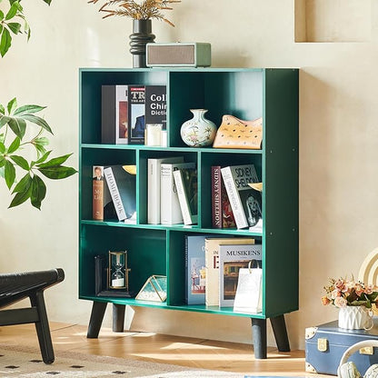 LEYAOYAO Cube Bookshelf 3 Tier Mid-Century Dark Green Modern Bookcase with Legs,Retro Wood Bookshelves Storage Organizer Shelf,Freestanding Open Book Shelves for Bedroom,Living Room,Office