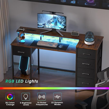 55 Inch Computer Gaming Desk with Power Outlets LED Lights, Reversible Home Office with Adjustable Fabric Storage Drawers for Working Writing Study, Rustic Brown