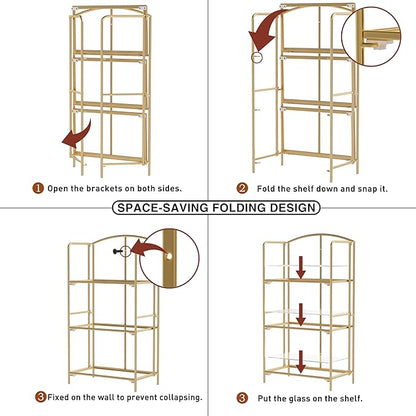 Crofy No Assembly Folding Bookshelf for Living Room, 3 Tier Gold Collapsible Book Shelf for Home Office, Portable Bookcase Storage Organizer