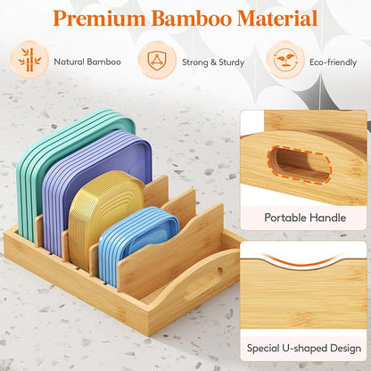 Lifewit Bamboo Lid Organizers for Inside Cabinet, Food Storage Container Lid Holder with 4 adjustable Inserts & 5 Sections, Kitchen Pantry organizer and storage, 10.6" X 8.3"