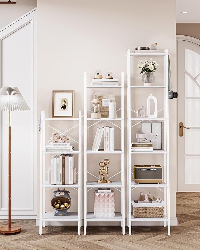 Ladder Shelf, Bookshelf Bookcase, Freestanding Corner Storage Shelve with 2 Hooks for Home Office, Living Room, Kitchen, Bedroom, Industrial, 4-Tier White BC13213W