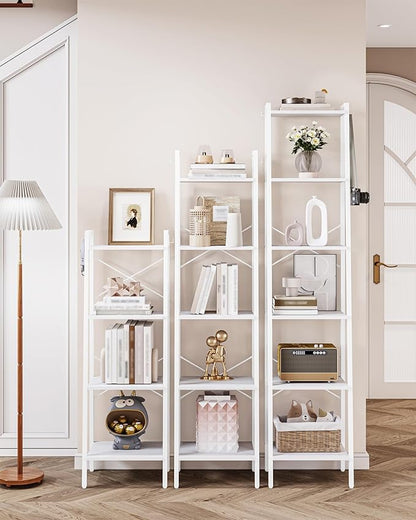 Ladder Shelf, Bookshelf Bookcase, Freestanding Corner Storage Shelve with 2 Hooks for Home Office, Living Room, Kitchen, Bedroom, Industrial, 4-Tier White BC13213W