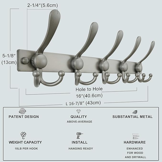 Dseap Coat Rack Wall Mount 2.0 Pro: Heavy Duty 300% Thicker, 16" Stud Mount, Stainless Steel Wall Coat Hooks Hanger for Clothes Jackets Hats Entryway Closet, MaxStrong Series, Grey, Pack of 2