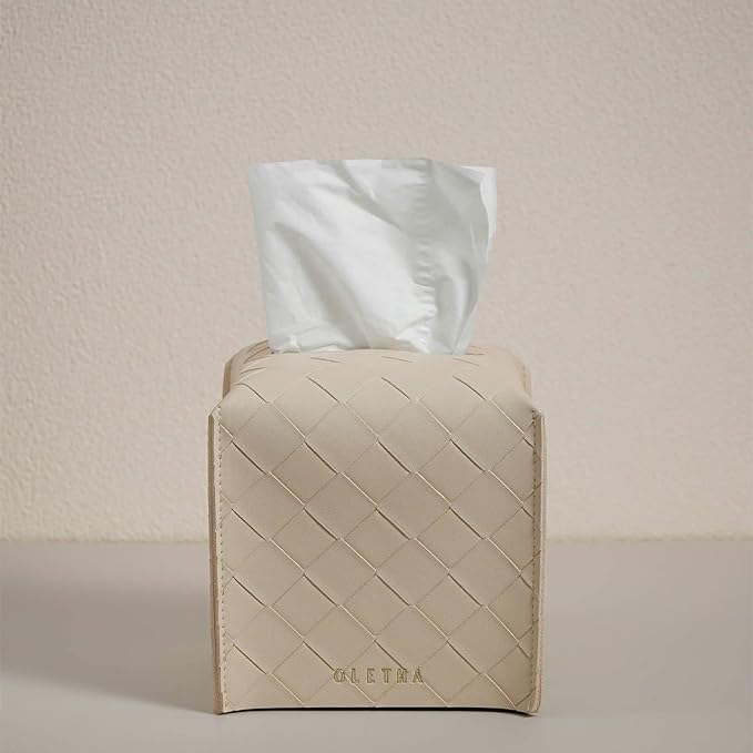 OLETHA Square Tissue Box Cover - Aesthetic Desk Decor for Room, Home & Office - Tissues Cube Boxes Holder - Woven Textured, Light Taupe