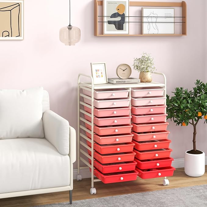Giantex 20 Drawers Rolling Cart, Mobile Storage Drawer Cart, Classroom Organizer Cart for Office School Supplies Teacher Tools Paper Craft Small Printer, Utility Cart on Wheels, Gradient Pink