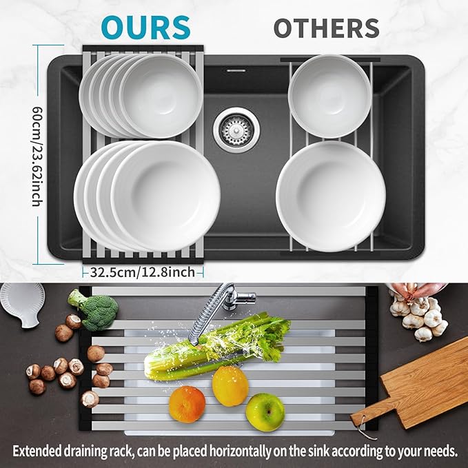 23.6" x 12.8" Roll-Up Dish Drying Rack Over Sink - Kitchen Sink Cover and Organizer Gadget with Foldable Stainless Steel Drainer and Sink Mat, Silver Dish Rack - Large