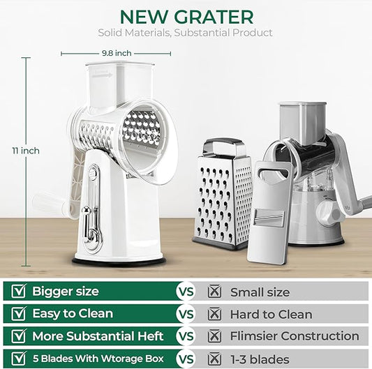 SUSTEAS Rotary Cheese Grater with Handle - Vegetable Shredder with 5 Well-designed Blades & Strong Suction Base,Round Mandoline Slicer & Food Chopper for Kitchen,with Blade Storage Box(White)