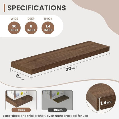 Acovy 30 Inch Floating Shelves, 8 Inch Deep Floating Shelves for Wall, Hanging Shelf with Invisible Brackets, Deep Shelves for Bathroom, Bedroom, Living Room, Walnut, Set of 2