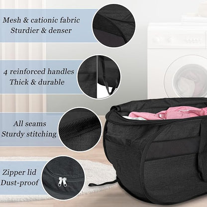 100L Extra Large Mesh Pop Up Laundry Hamper with Lid & Handles 2 Pack, XL Foldable Dirty Clothes Basket for Home Dorm Closet Storage, Portable Laundry Bin, Black. 2H
