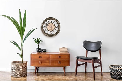 Bernhard Products Large Wall Clock 16 Inch Non Ticking Battery Operated Brown Rustic Farmhouse Vintage Design Stylish Decorative Clocks for Home/Office/Kitchen/Living Room/Bedroom