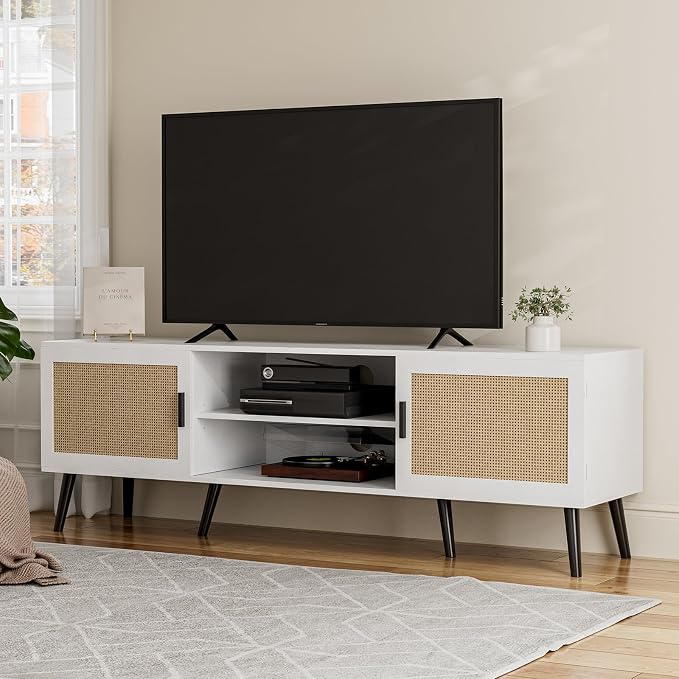 ZttRiee TV Stand for TVs up to 65'', Mid Century Modern Entertainment Center with Rattan Door, Shelves & 2 Cabinets, Boho Media TV Console for Living Room, Bedroom, White