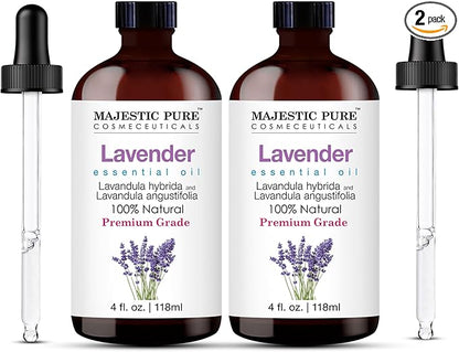 Majestic Pure Essential Oil with Glass Dropper - 100% Pure and Natural - Essential Oils for Diffuser, Aromatherapy, Soap and Candle Making, Lavender Essential Oil, Lavender Oil, 4 Fl Oz Pack of 2