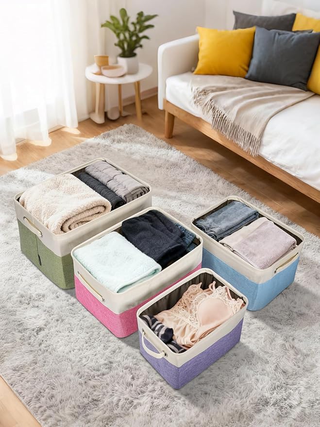 BALEINE 2 Pack Fabric Storage Bins for Shelves, Linen Storage Baskets for Organizing, Decorative Closet Bins for Clothes, Home (Lavender, 12"x8"x8")