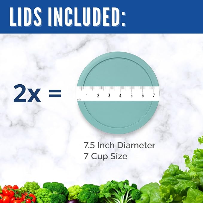 Replacement Lids fits Pyrex 6 & 7-Cup Glass Food Storage Container Bowls, 7.5-Inch Plastic Round Lids Covers for Pyrex 7402-PC, Airtight & Leakproof (2-Pack, Turquoise)