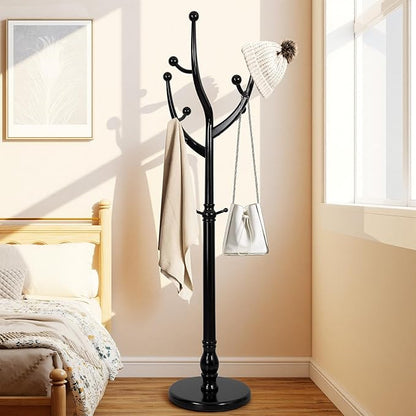 Freestanding Rubberwood Coat Rack, 11 Hooks & 16.5" Wide Round Base, Wooden Coat Rack Stand, Coat Hanger Free Standing Hall Tree for Entryway, Hallway, Bedroom, Jacket, Clothes (Black)