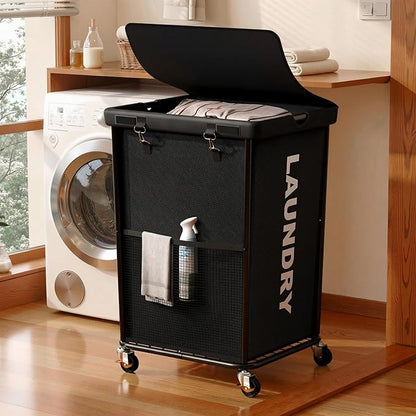 150L Laundry Basket with Lid and Wheels, Rolling Laundry Hamper with Cloth Cover, Laundry Cart with Metal Frame & Removable Bag, Large Dirty Clothes Hampers for Bedroom, Laundry Room Bathroom, Black