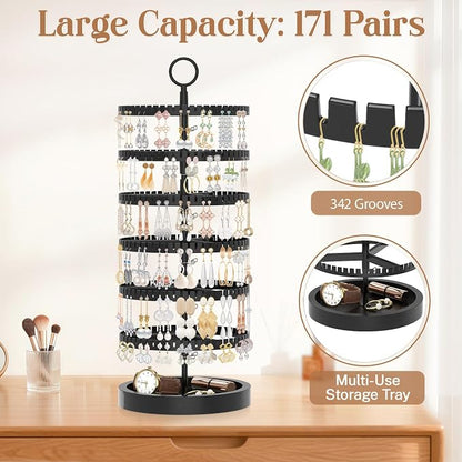 iDavosic.ly 6 Tier Rotating Earring Holder Organizer with Wooden Tray, Large Dangle Display Stands Tree with 342 Plastic Grooves, Adjustable Hoop Storage Rack, Space Saving Tower, Black