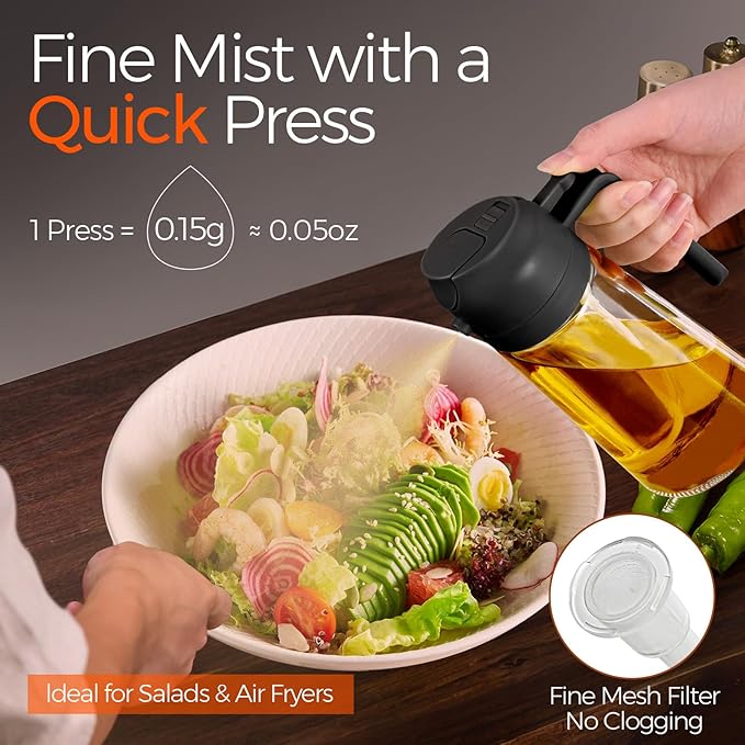 YARRAMATE Olive Oil Dispenser, 2 in 1 Oil Sprayer for Cooking, 16oz/470ml Glass Oil Spray Bottle with Pourer, Food-grade Oil Dispenser and Oil Sprayer for Kitchen, Salad, Frying, BBQ (Black & Green) | 2 in 1, Oil Sprayer, for Cooking, Oil Spray Bottle,...