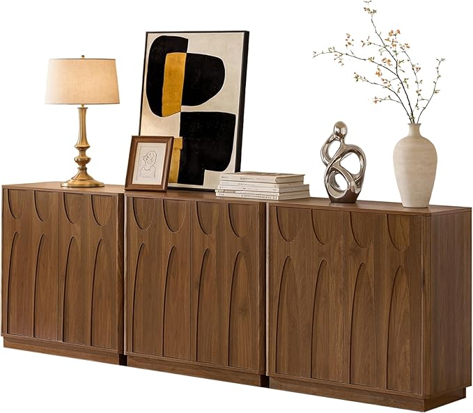 Sideboard Buffet Cabinet with Storage Set of 3, 94.5'' Mid Century Modern Storage Cabinet with Adjustable Shelf 6 Doors Credenza for Dining Room, Living Room, Entry (Walnut)