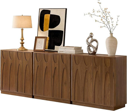 Sideboard Buffet Cabinet with Storage Set of 3, 94.5'' Mid Century Modern Storage Cabinet with Adjustable Shelf 6 Doors Credenza for Dining Room, Living Room, Entry (Walnut)