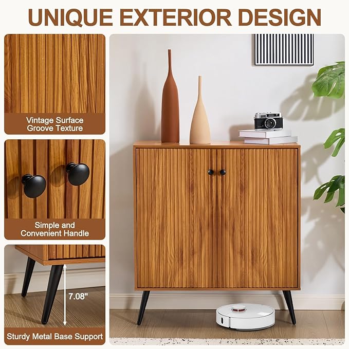 EROMMY Fluted Sideboard Buffet Cabinet, Wooden Storage Cabinet with Adjustable Shelf, Multifunctional Accent Cabinet with Adjustable Shelves for Living Room, Dining Room, Entry, Hallway, Walnut