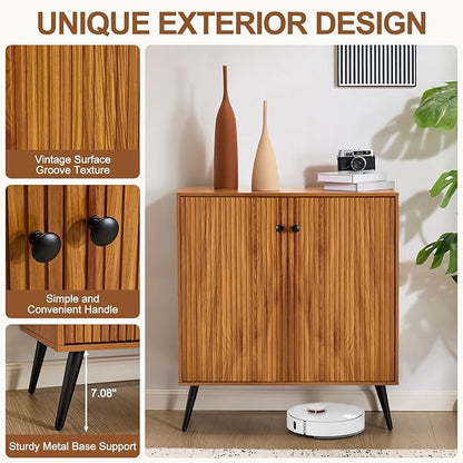 EROMMY Fluted Sideboard Buffet Cabinet, Wooden Storage Cabinet with Adjustable Shelf, Multifunctional Accent Cabinet with Adjustable Shelves for Living Room, Dining Room, Entry, Hallway, Walnut