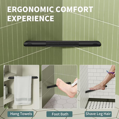 BWE Matte Black Shower Foot Rest Bar, Stainless Steel Bar Corner Shower Foot Rest for Shaving Legs, Non-Slip Knurled Shower Step, Wall Mounted Bathroom Shower Shaving Foot Rest