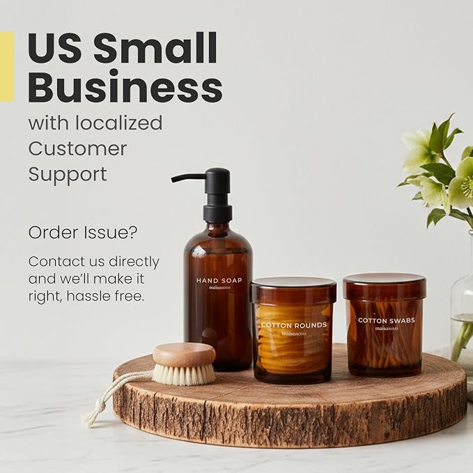 Maisonovo Glass Bathroom Containers with Lids (Airtight) - Qtip Holder - Apothecary Jars for Cotton Rounds, Swabs, Balls, Pads - Amber Q Tip Dispenser - 2 pcs Bathroom Canisters Set for Organization