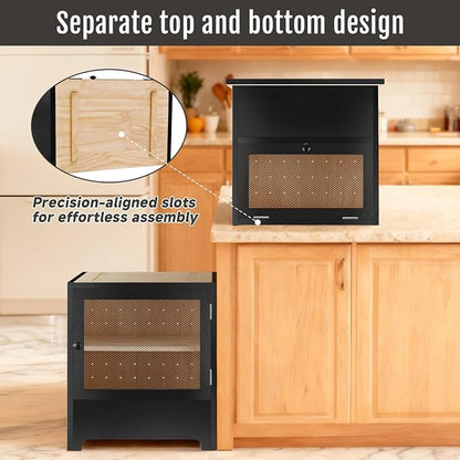 Large Potato and Onion Storage Bin - Wooden Stackable Bread Storage Box with Lid & Mesh Doors, Decorative Fruit and Vegetable Organization Cabinet for Kitchen, 15.75"W x 10.7"D x 33.5"H (Black)