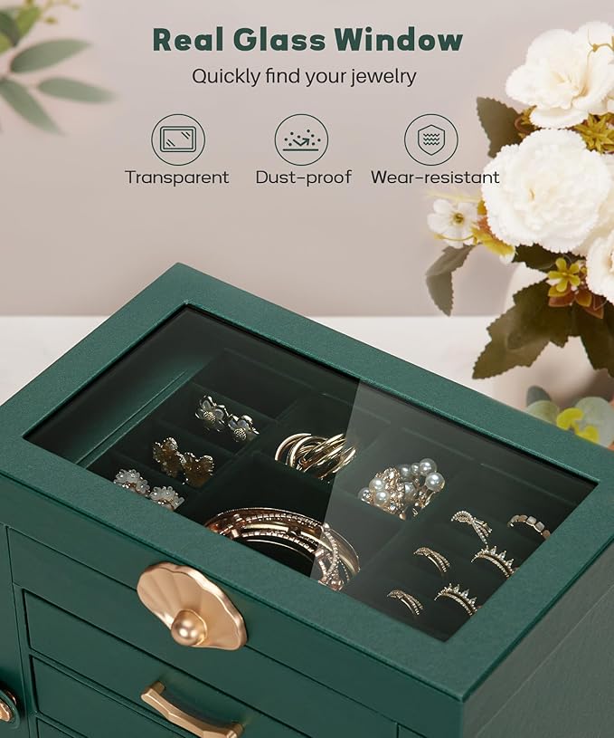 Jewelry Box with 4 Drawers: Display Organizer for Earrings Necklaces - Gifts for Girls Women (Forest Green)