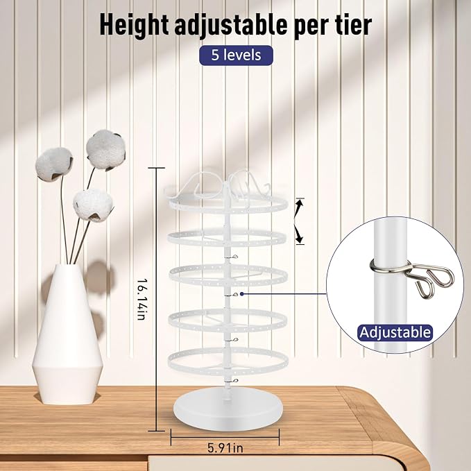 5 Tier 360 Rotating Earring Holder Organizer Stand, Jewelry Tree Rack, 220 Holes Display Storage for Stud Hoop Earrings, Vintage Metal Design, Space Saving Table Decor