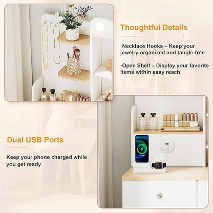 43" Large Vanity Desk with Mirror and Lights, Tri-Fold Mirror Makeup Vanity Table with LED Bulbs, Hidden Storage Drawers & USB Ports, Natural Wood and White Design, Modern Farmhouse Vanity for Bedroom
