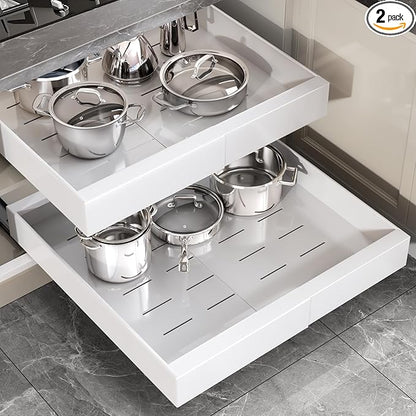 Seinloes 2 Pack Pull Out Cabinet Organizer 22" Deep,Full Extension 3 Slide Rails Slide Out Drawers With Raising Pad for Framed Cabinets,Expandable Width (12.3"-20.5"),No Drill Roll Out shelf,White