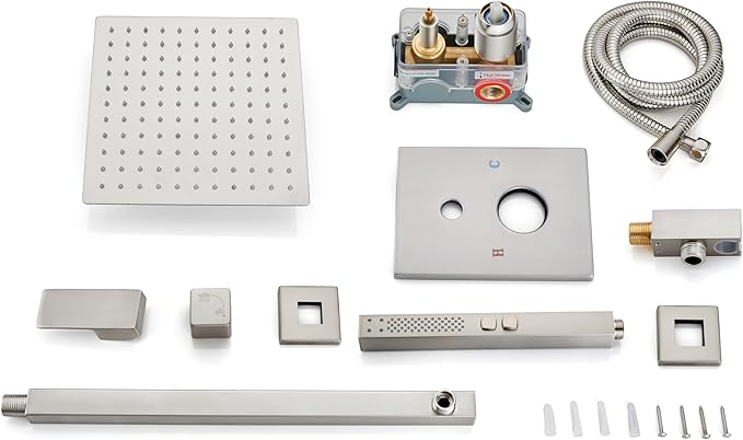 Shower Faucet Set Rainfall Shower System with Square Showerhead and Handle Set Fixture with 2 in 1 Function Handheld Sprayer Wall Mounted Trim Repair Kit Rough-in Valve 8 Inch Brushed Nickel