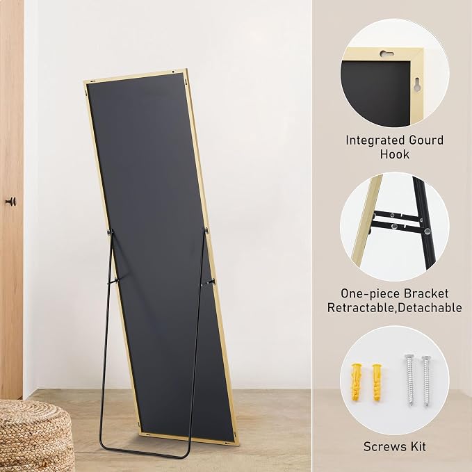 OLIXIS Full Length Mirror for Bedroom, 65"x24" Full Body Mirror with Stand, Hanging or Leaning for Wall, Aluminum Alloy Thin Frame Floor Standing for Living Room, Long, Gold