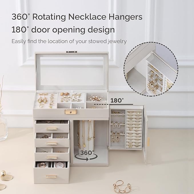CASEGRACE Large 5-Layer Jewelry Organizer Box with 360° Rotating Necklace Holder, 4 Drawers -Jewelry Case for Necklaces, Rings, Earrings, Bracelets, Watches | Elegant Storage & Gift for Women