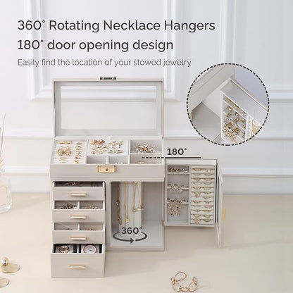 CASEGRACE Large 5-Layer Jewelry Organizer Box with 360° Rotating Necklace Holder, 4 Drawers -Jewelry Case for Necklaces, Rings, Earrings, Bracelets, Watches | Elegant Storage & Gift for Women