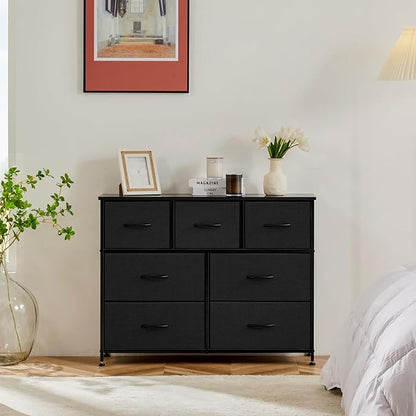 Sweetcrispy 7 Drawer Dresser Storage Organizer with Fabric Bins, Sturdy Steel Frame and Wood Top, Easy Pull Handles, for Bedroom Closet Hallway Entryway,Black