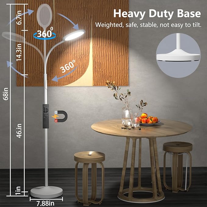 luckystyle White Floor Lamp,Super Bright Dimmable Led Floor Lamps for Living Room, Custom Color Temperature Standing Lamp with Remote Push Button, Adjustable Gooseneck Reading Floor Lamp (LK-1006)