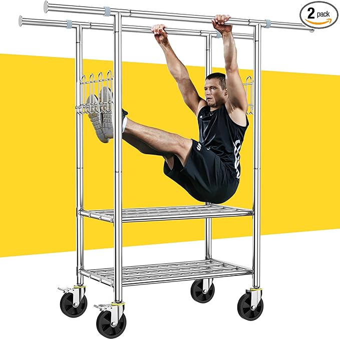 100% Stainless Steel Heavy Duty Clothes Rack Load 960LBS, Double Rod Clothing Rack for Hanging Clothes with Reinforced Rubber Rings, Extendable Rolling Garment Racks W/ Portable Wheel & Sturdy Shelves