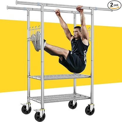 100% Stainless Steel Heavy Duty Clothes Rack Load 960LBS, Double Rod Clothing Rack for Hanging Clothes with Reinforced Rubber Rings, Extendable Rolling Garment Racks W/ Portable Wheel & Sturdy Shelves