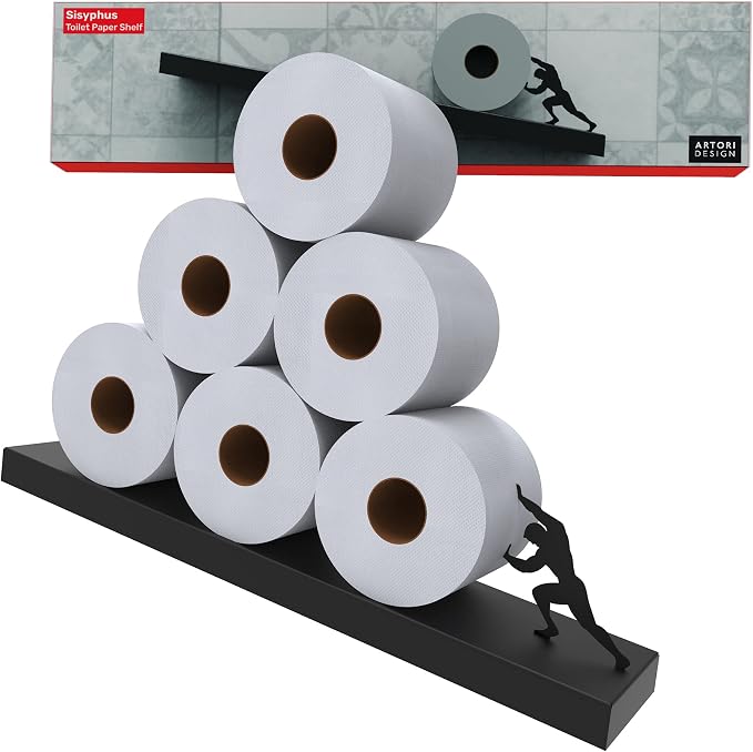 Artori Floating Toilet Paper Shelf Storage - Bathroom Wall Decorations, Tilted Wall Toilet Paper Holder, Mounted Toilet Decor Organizer for Tissue Rolls, Wipes, Towels, & More - Sisyphus Black
